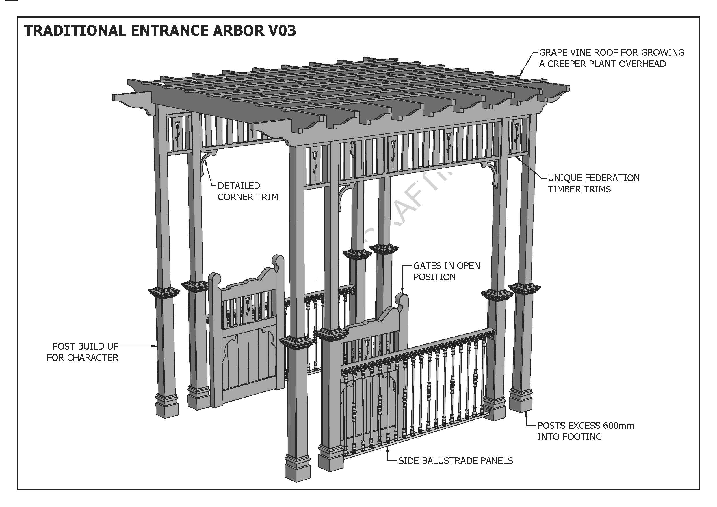 GRAPEVINE ENTRANCE ARBOR V03 With Gates and Balustrade (Building Plans ONLY...