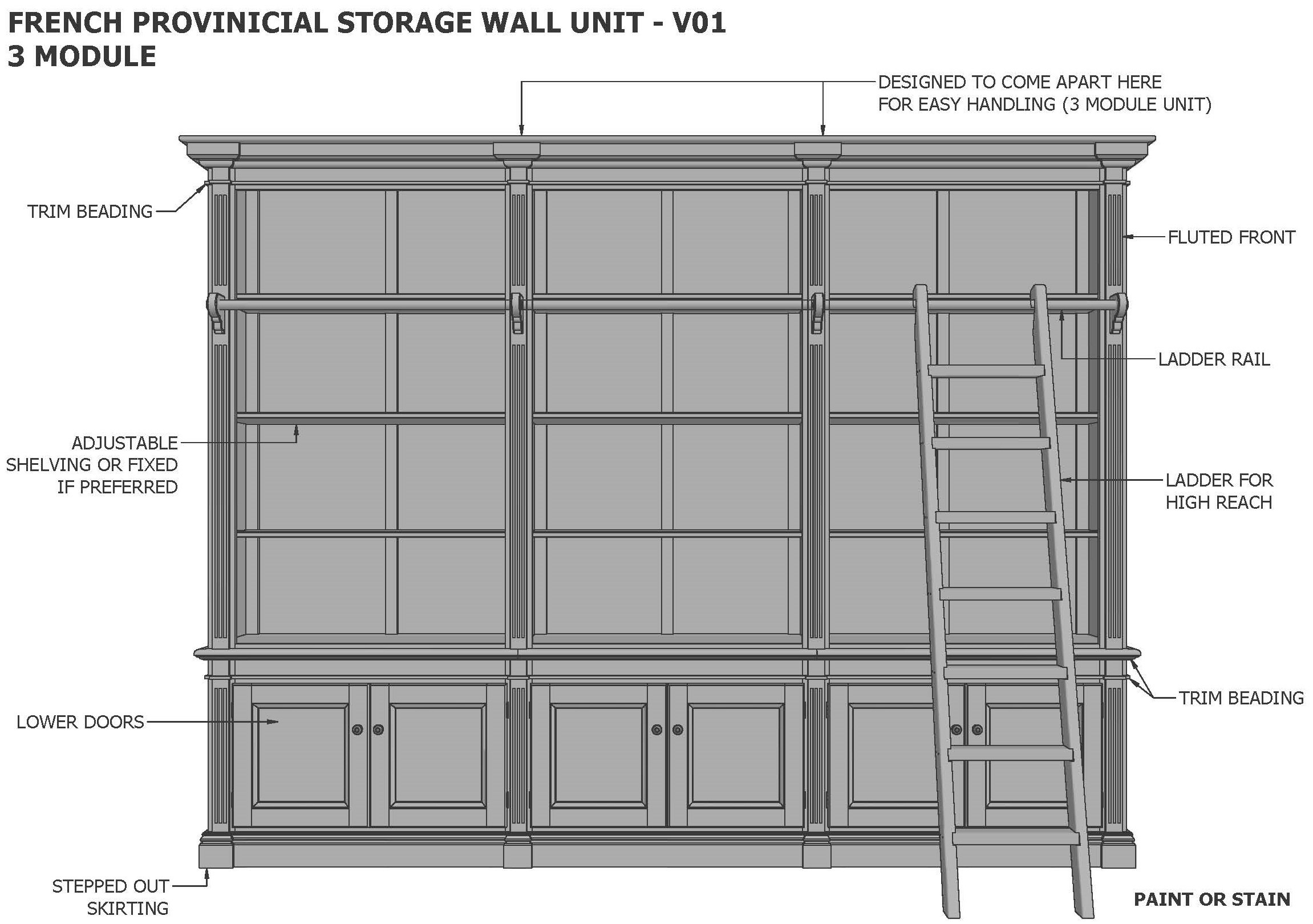 FRENCH PROVINCIAL WALL UNIT 3 MODULE (Building Plans ONLY)