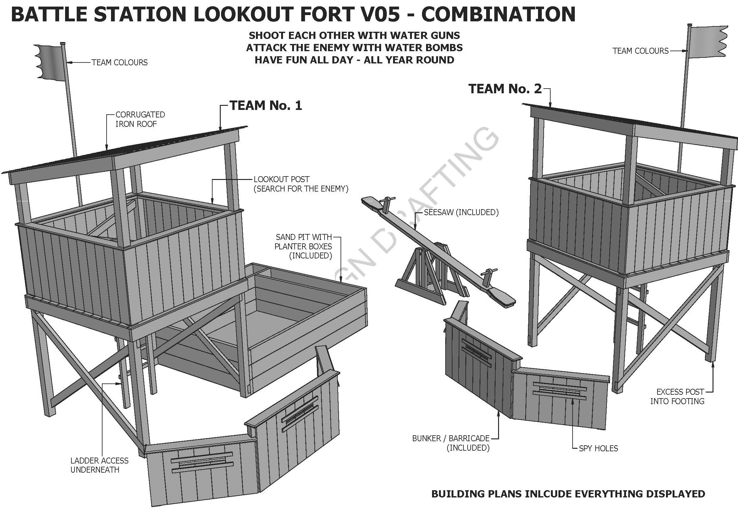 COMBAT CUBBY V05 COMBO 1 With Bunker Barricade, Trap Door Entry, Sand Pit and Seesaw